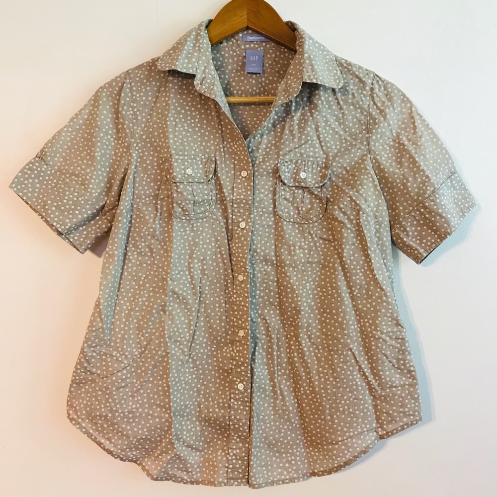 Gap Maternity XS Blouse Gray Brown Polka Dot